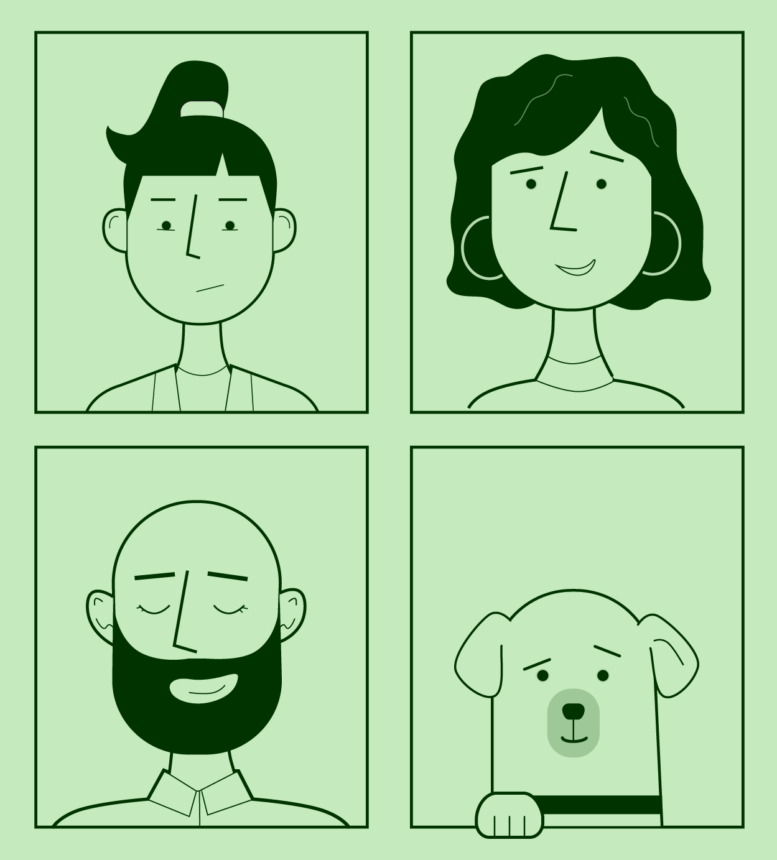 Illustration of 4 different faces on a pale green background