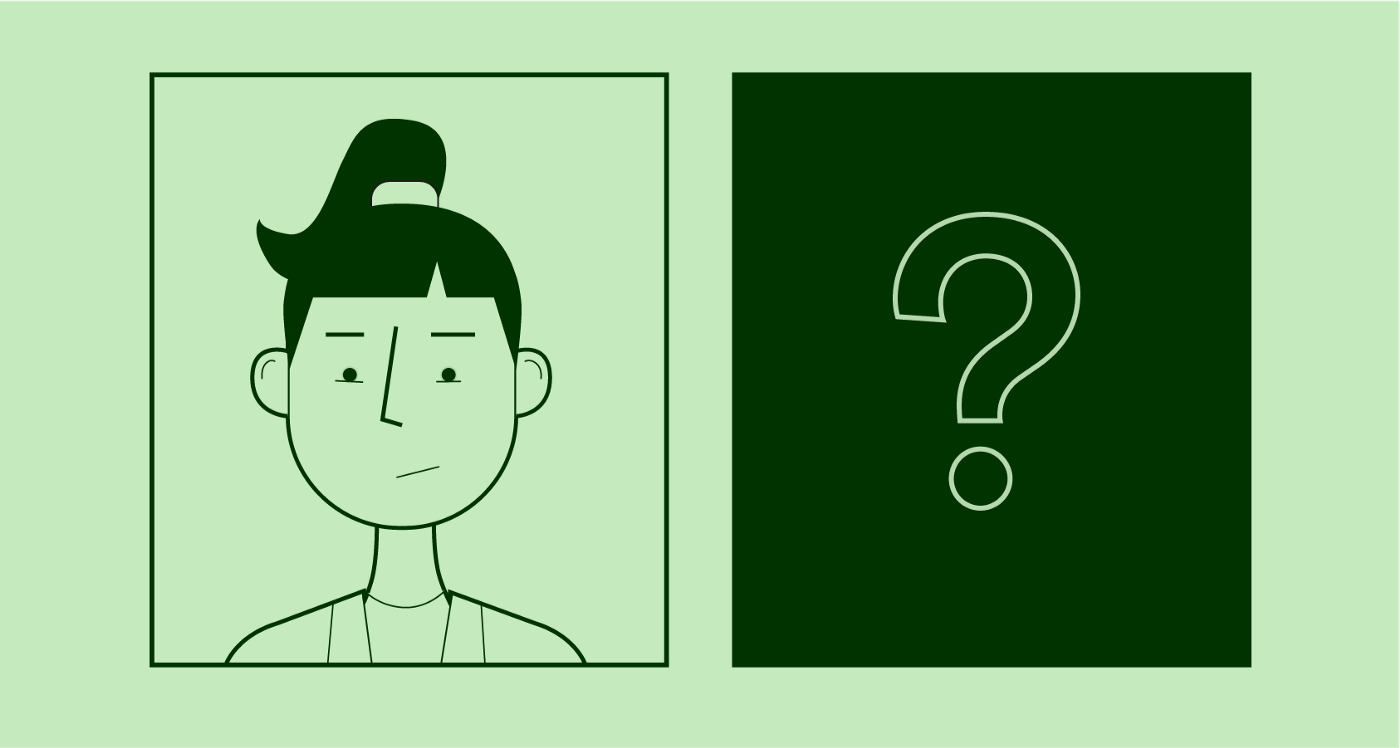 Illustration of a woman's headshot and a blank headshot space with a question mark