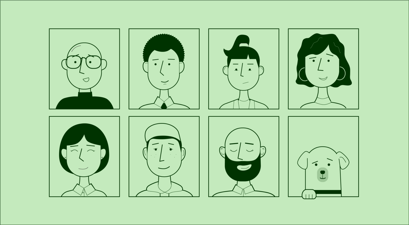 Illustration of 8 different faces on a pale green background